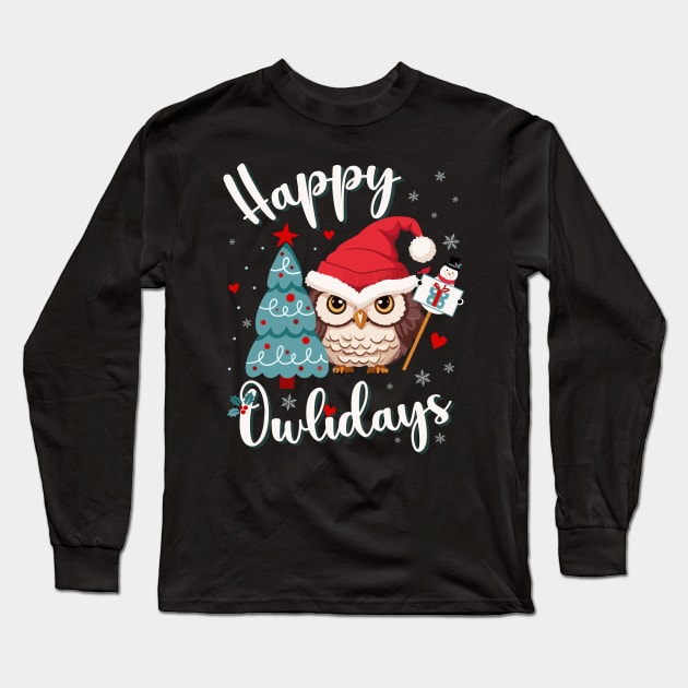 Happy Owl Holiday Christmas Owls Kids Family Mom Merry Xmas Cute Long Sleeve T-Shirt by AimArtStudio